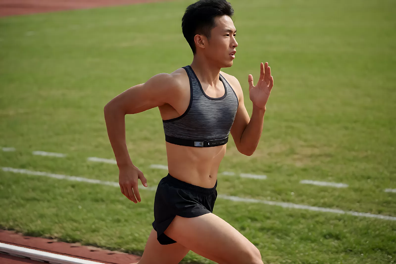 跑者在田径场做心率区间间歇跑训练
