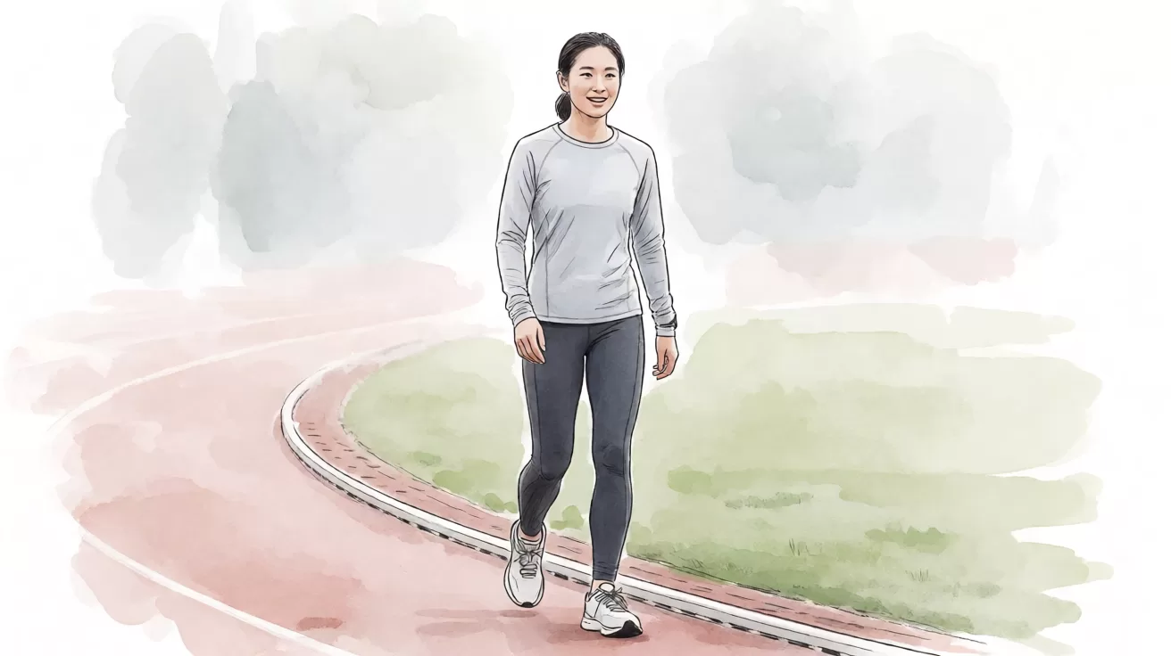 跑者间歇跑结束后在跑道边慢走冷身恢复