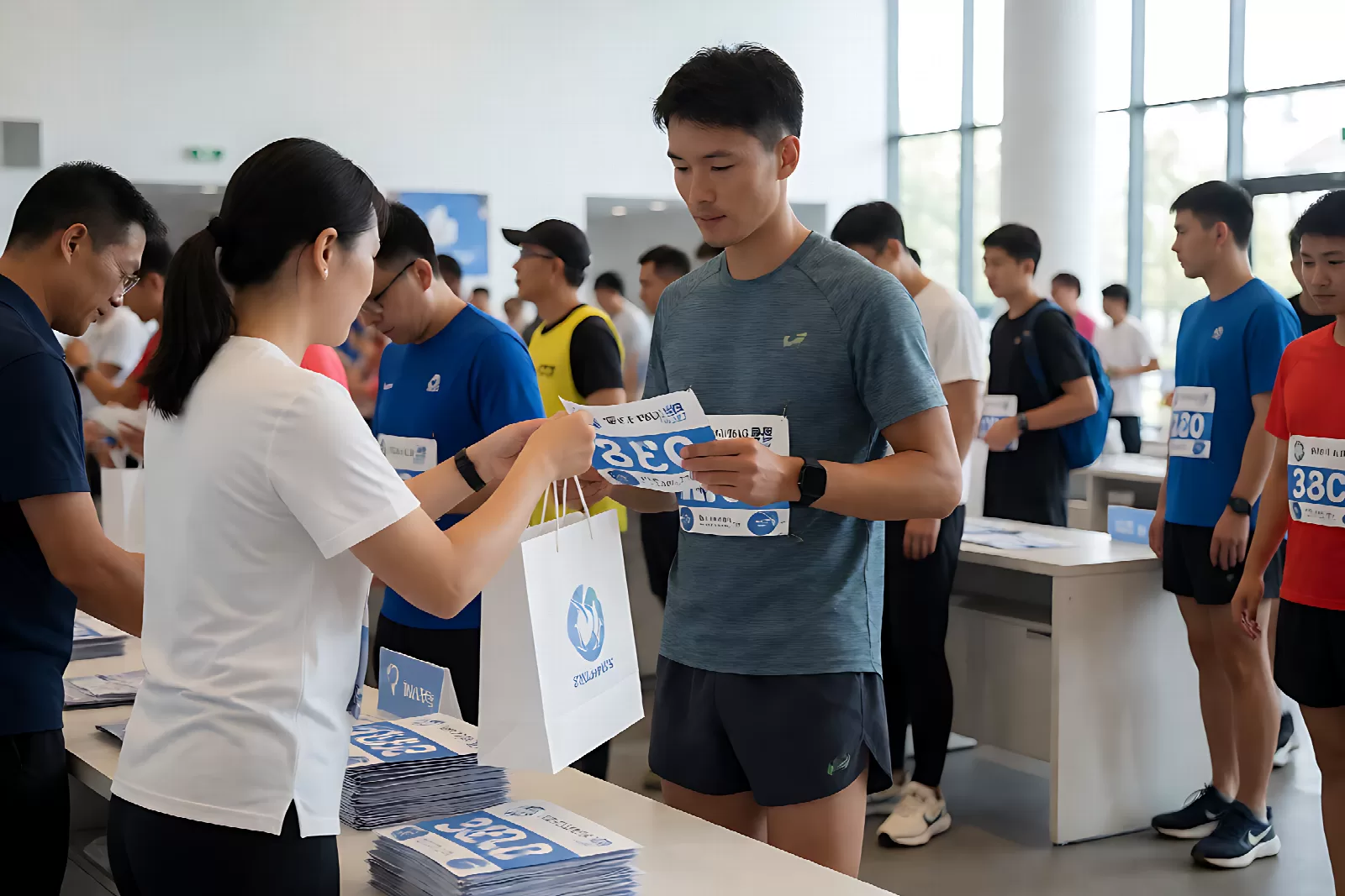 马拉松赛前领物现场领取号码布