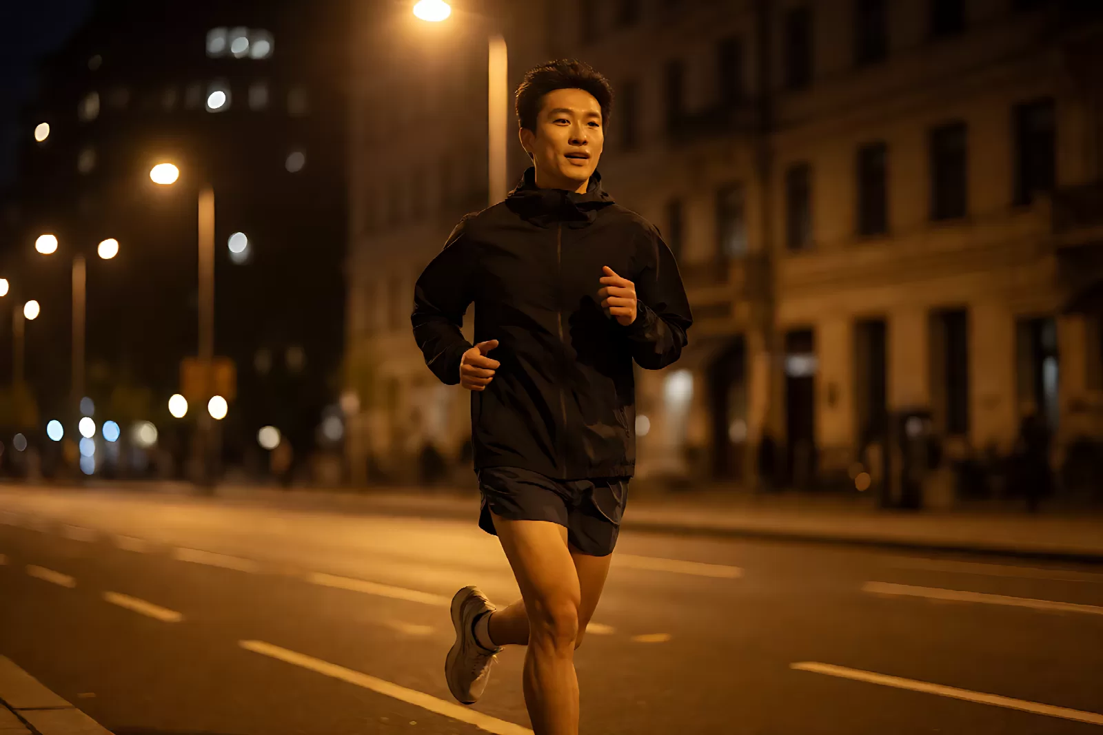 跑者在夜晚街道进行轻松夜跑