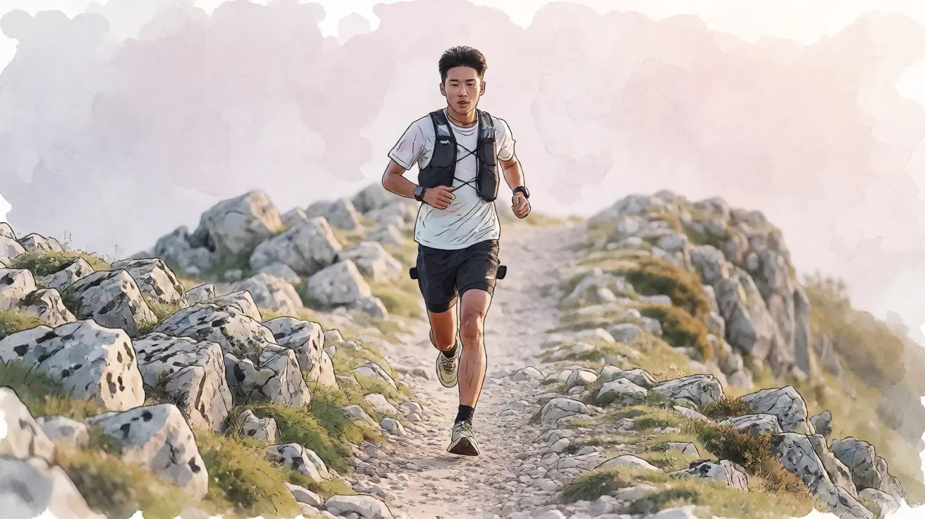 越野跑背包容量怎么选:跑者背着越野跑背心在山脊碎石路上奔跑